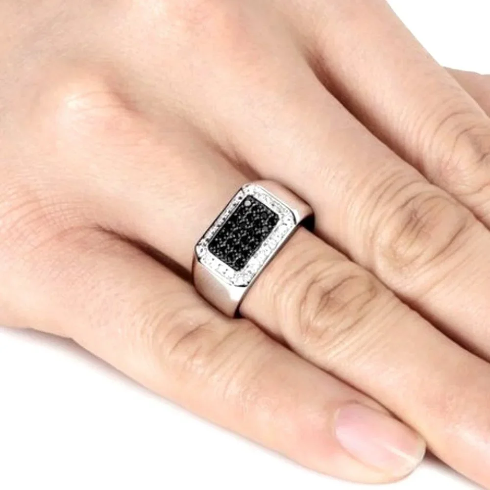 New Men 925 Silver White & Black Sapphire Ring